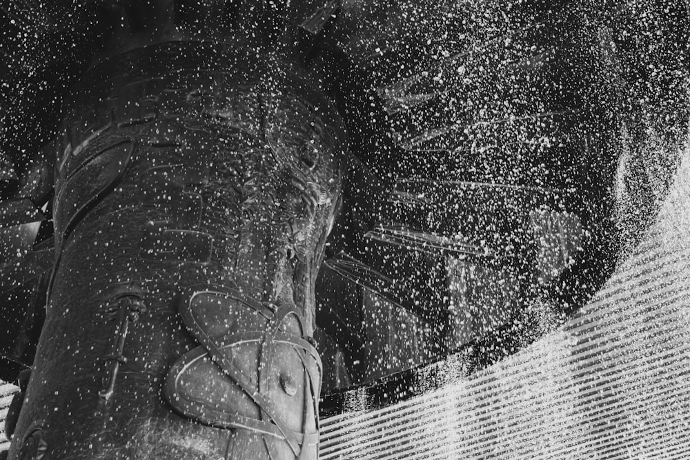 a black and white photo of a person's feet covered in snow