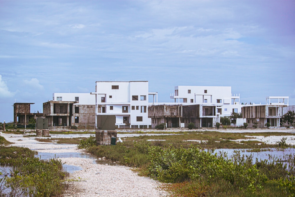 a group of houses sitting on top of a lush green field