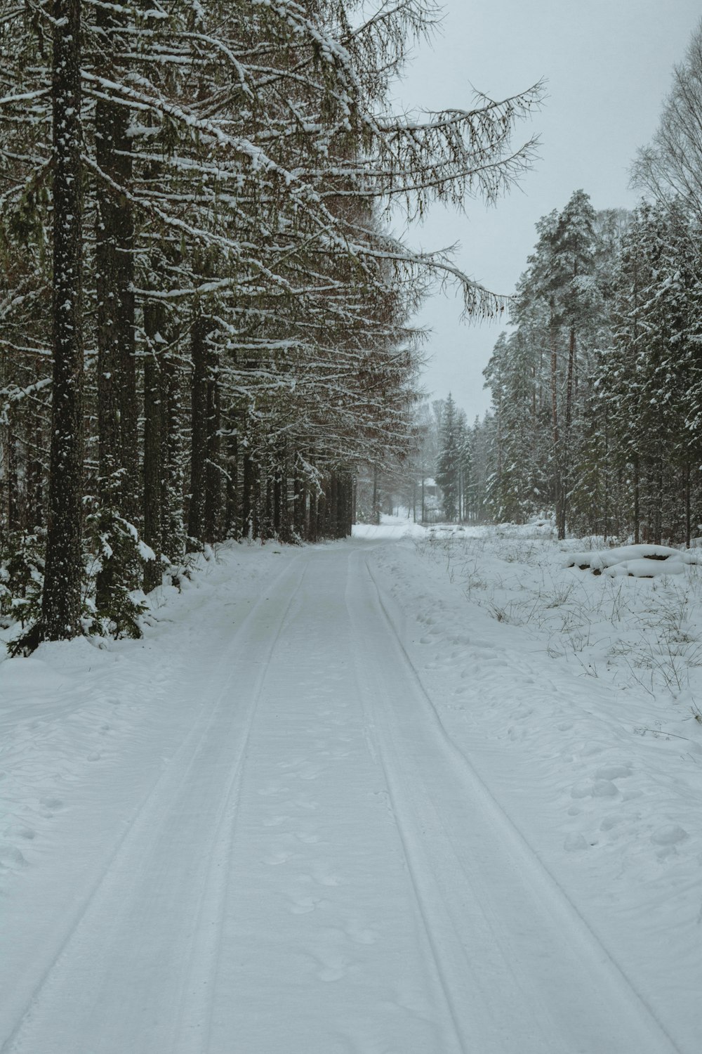 a person riding skis down a snow covered road