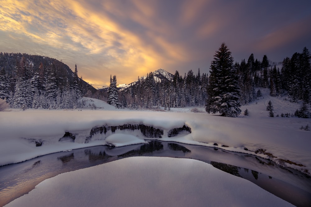 a snowy landscape with a river in the foreground