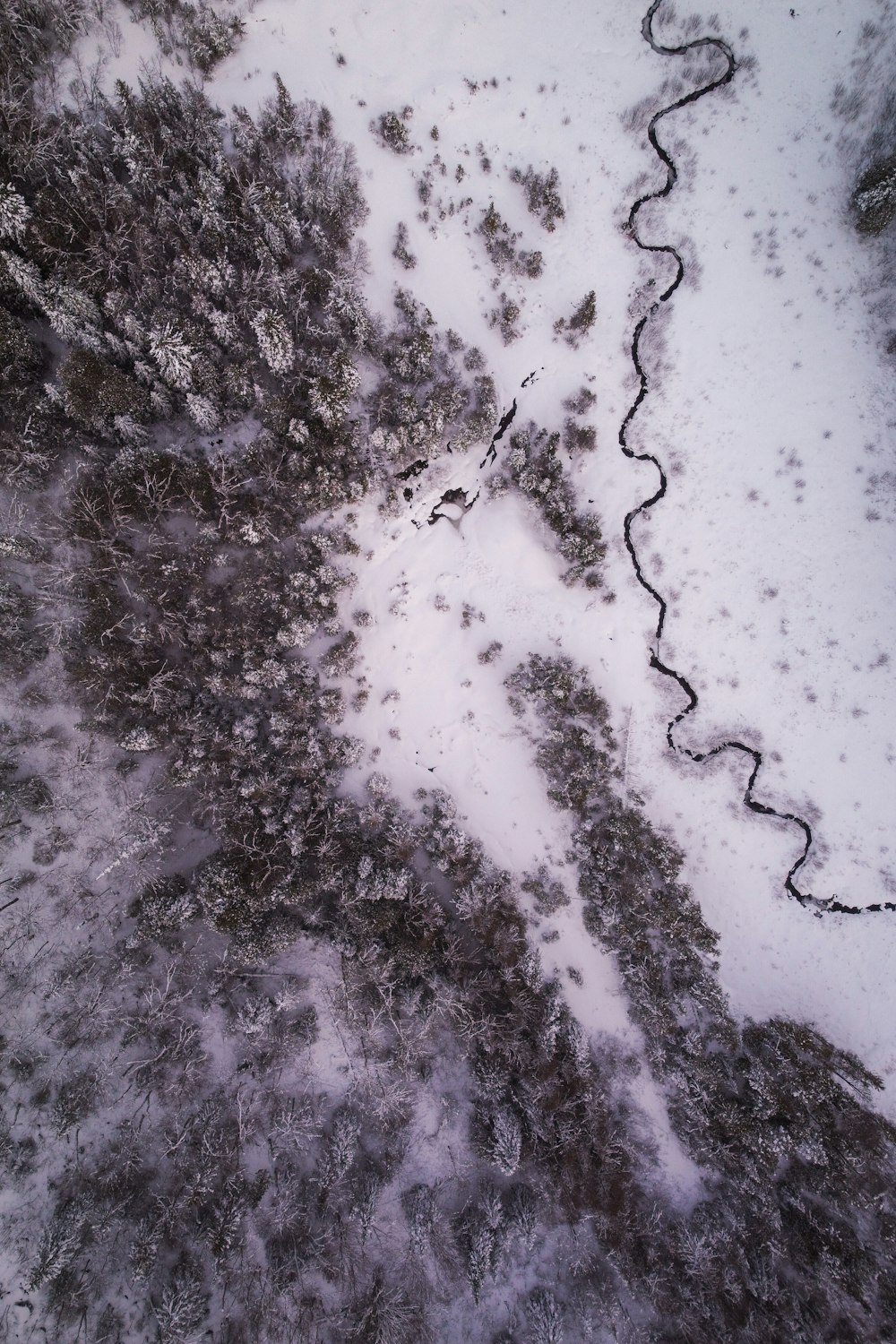a bird's eye view of a snow covered field