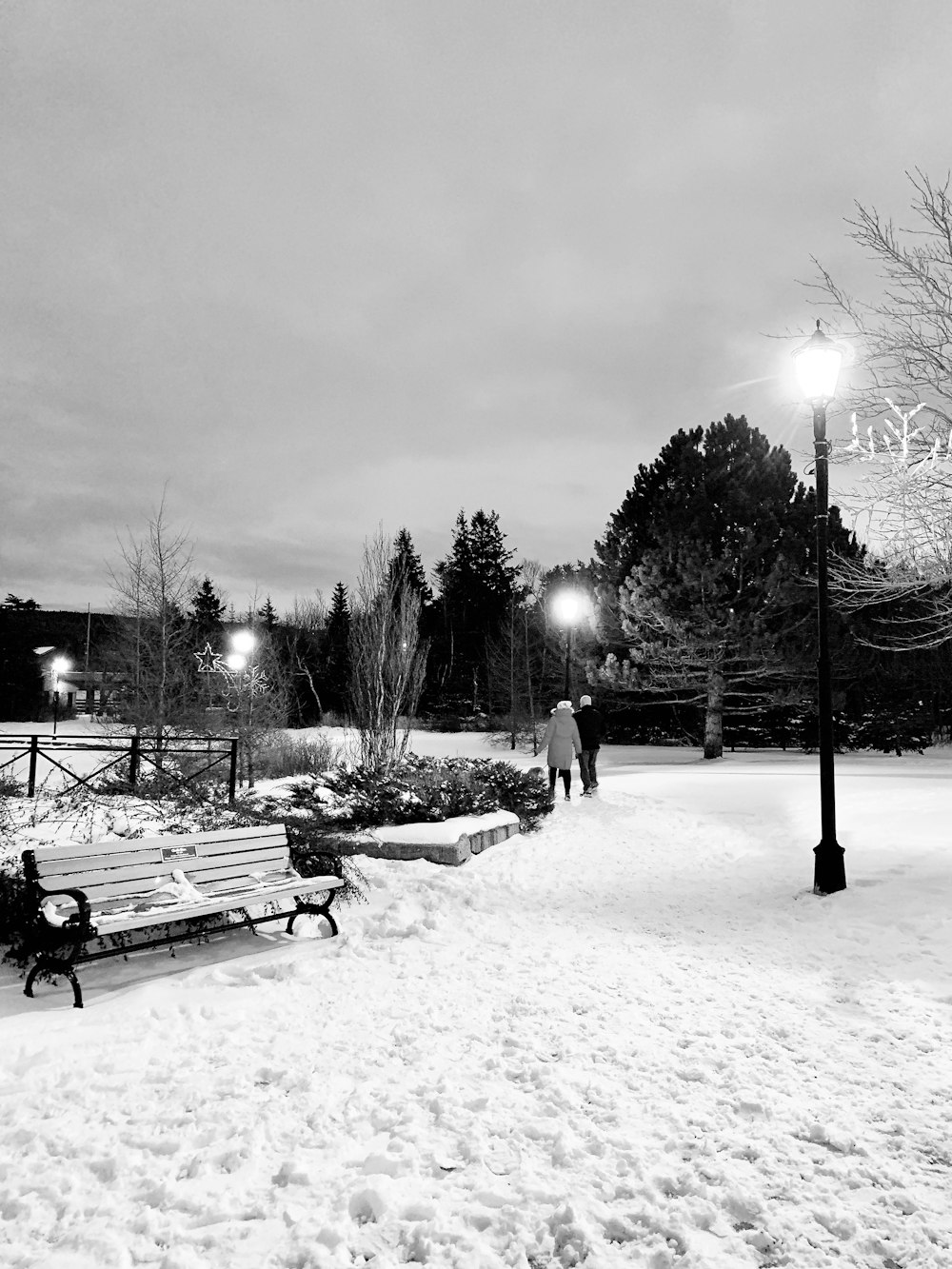 eine Parkbank, die nachts mit Schnee bedeckt ist