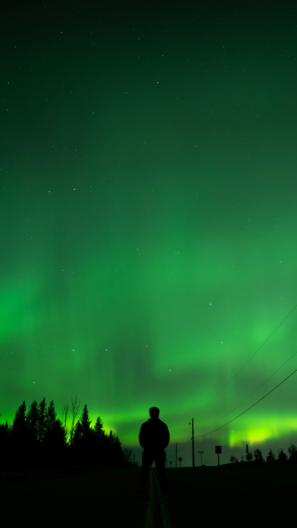 a man standing in front of a green aurora bore