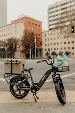 An electric bike is parked on the sidewalk in an urban setting, carrying a cooler and some colorful bags on the cargo racks. Buildings and leafless trees are visible in the background, along with traffic lights and a crosswalk.