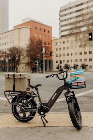 An electric bike is parked on the sidewalk in an urban setting, carrying a cooler and some colorful bags on the cargo racks. Buildings and leafless trees are visible in the background, along with traffic lights and a crosswalk.