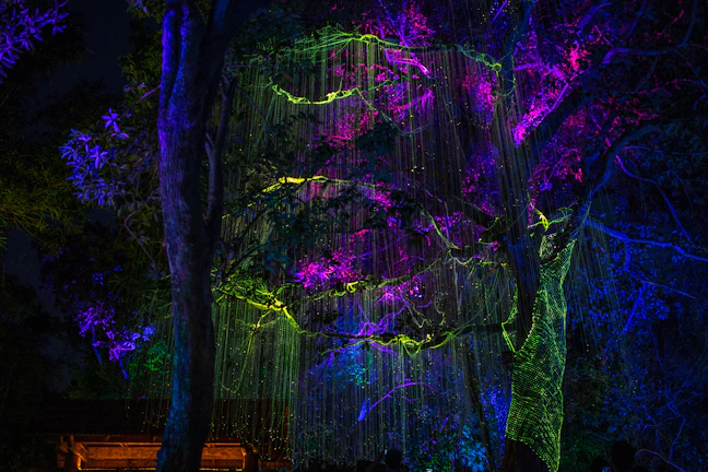 A dreamy digital forest scene illuminated by soft neon lights.