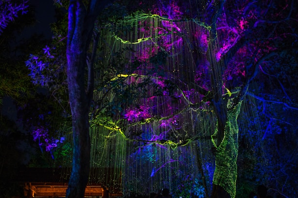 Close-up of a detailed, magical forest scene with shimmering lights and enchanted plants.