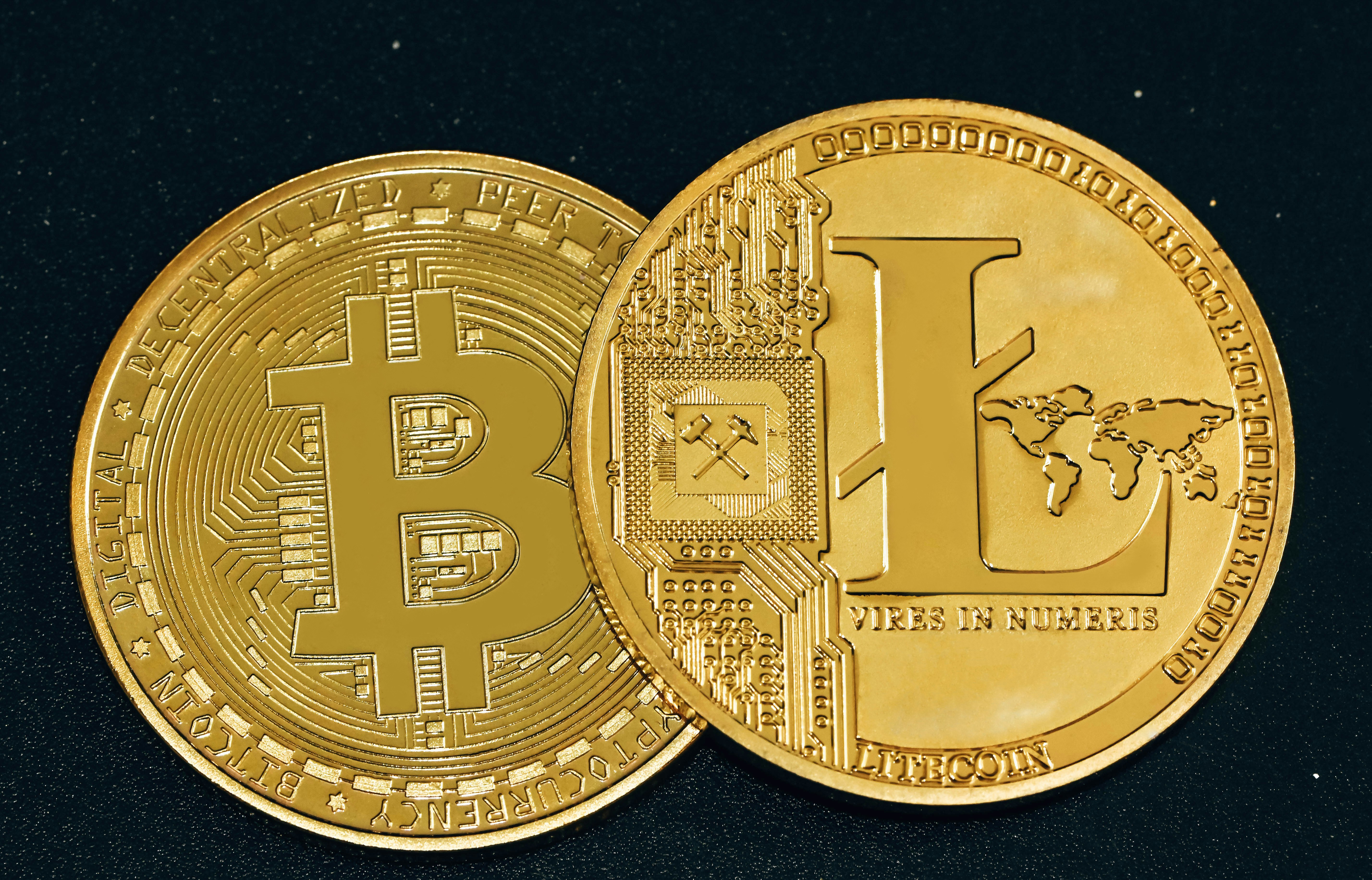 Bitcoin and Litecoin placed on a dark background