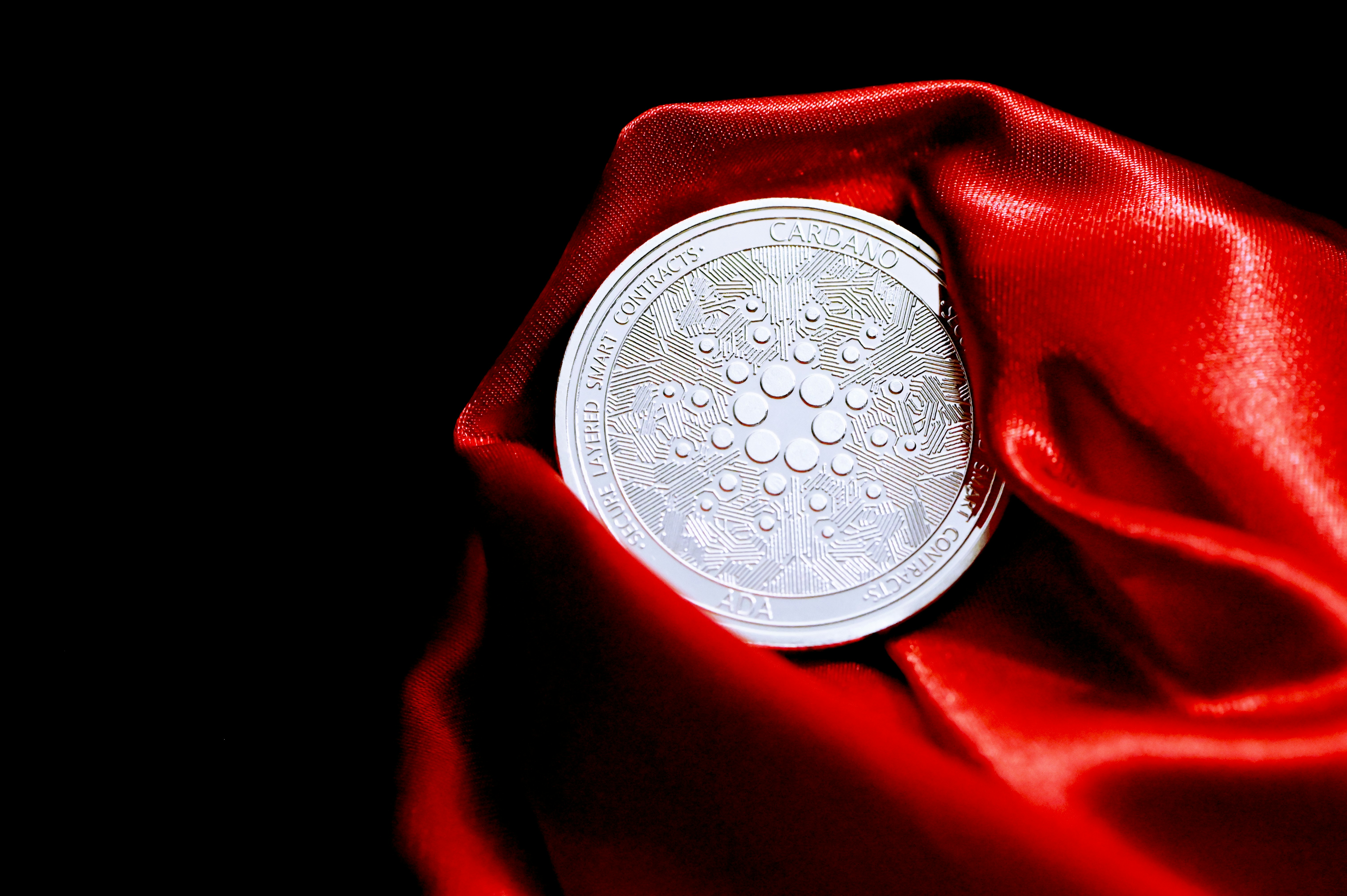 A silver Cardano coin covered in red velvet
