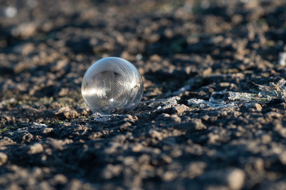 a glass ball sitting on top of a dirt field