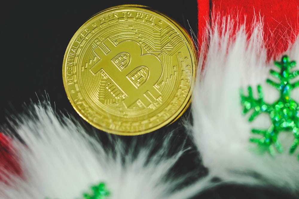 a bitcoin sitting on top of a pile of feathers