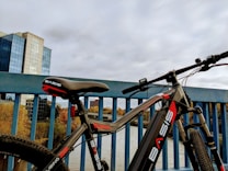 A bicycle with the brand name BASIS prominently displayed on the frame is propped against a blue railing of a bridge. In the background, there are modern multi-story buildings with reflective glass windows and a river or large body of water surrounded by trees with autumn foliage.