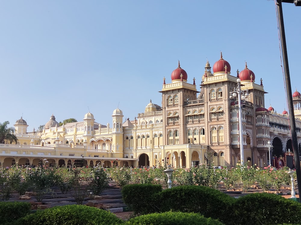 a large building with red domes on top of it