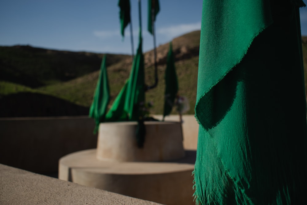a group of green umbrellas sitting on top of a cement wall