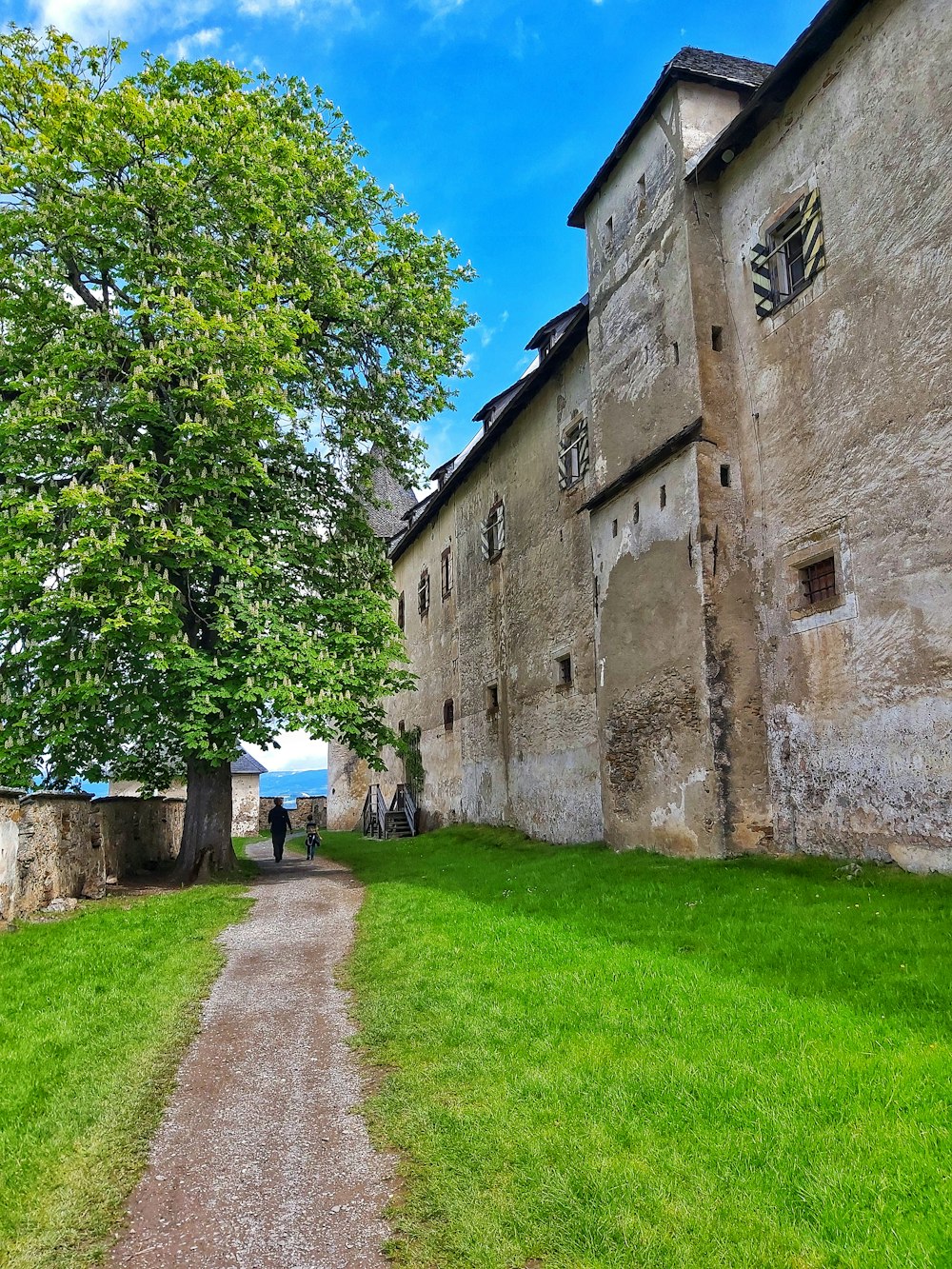 a person walking down a path between two buildings