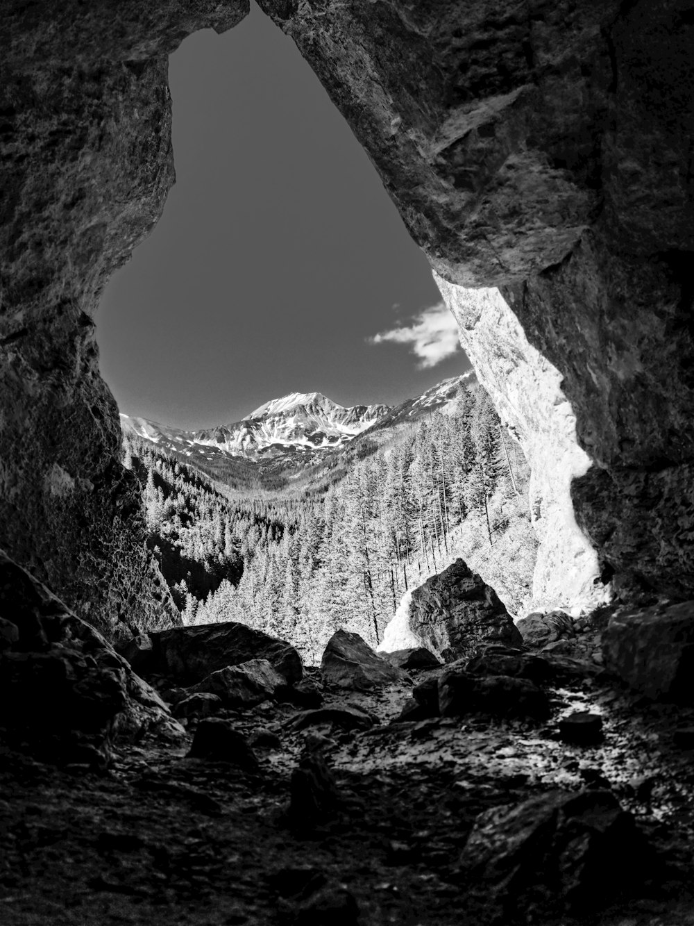 a black and white photo of a mountain