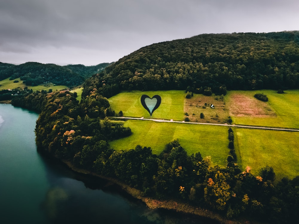 a heart shaped balloon is in the middle of a field