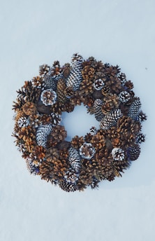 a wreath made of pine cones and cones in the snow