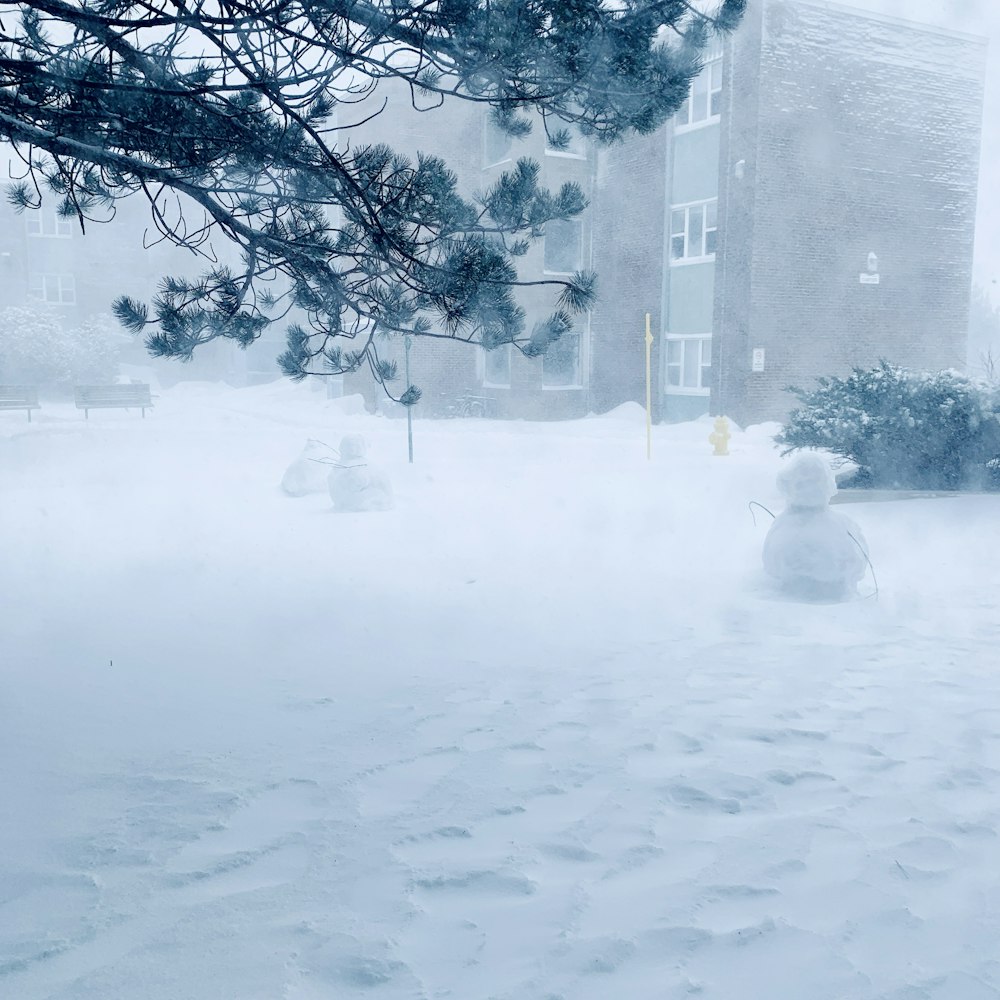 a snowman sitting in the middle of a snowy yard