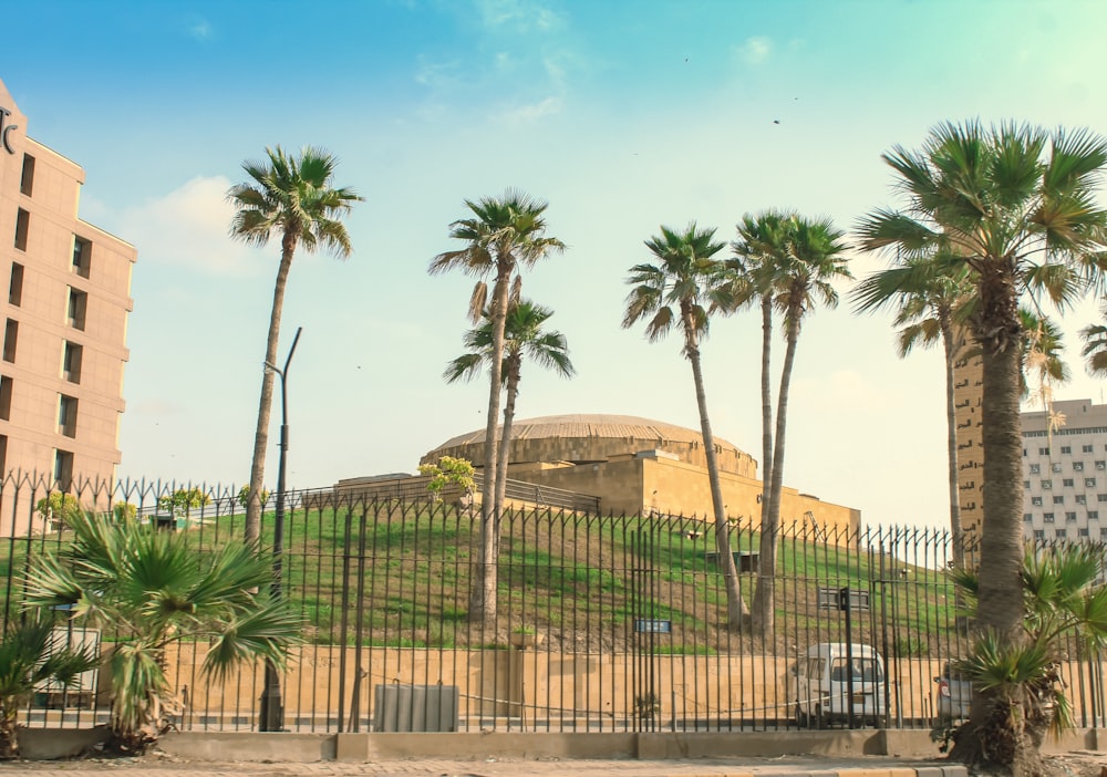 a large building sitting on top of a hill surrounded by palm trees