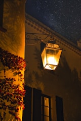 A warm, glowing lantern is mounted on the wall of a building adorned with vine plants. The building's wall is illuminated by the lantern's light, casting intricate shadows of the vines. Above, the night sky is filled with numerous stars, adding a serene backdrop.
