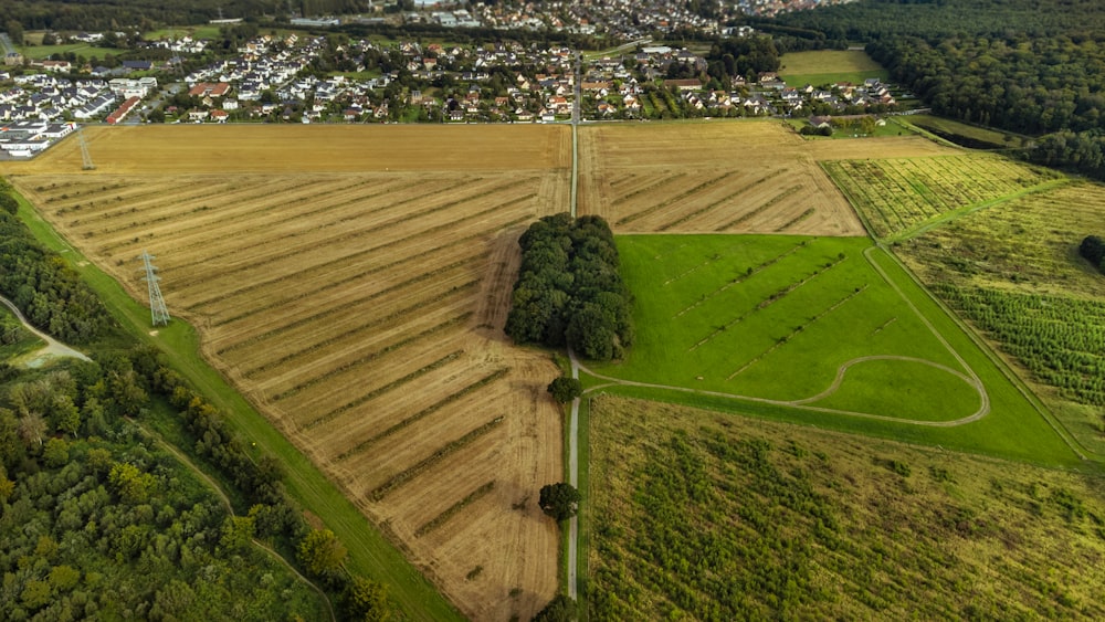 Una vista aérea de un gran campo con árboles