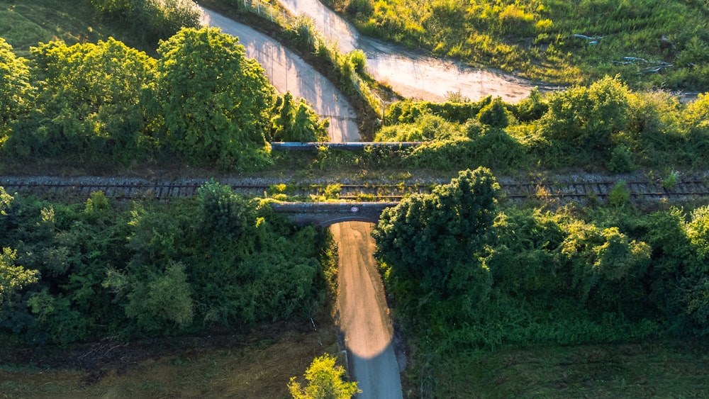 an aerial view of a dirt road surrounded by trees