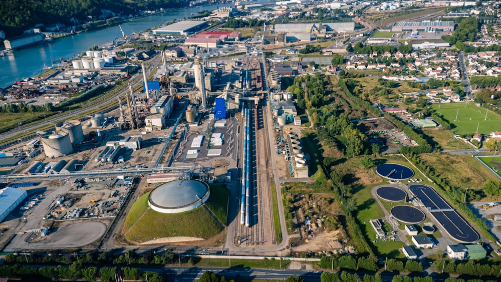 an aerial view of a large industrial area