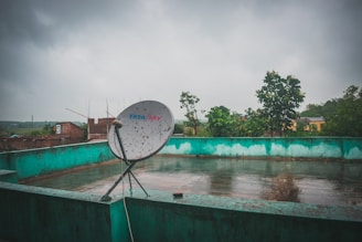 A rooftop with a satellite dish marked Tata Sky, set against a cloudy sky. The roof is bordered by a greenish-blue wall, and the wet surface suggests recent rain. In the background, there are trees and some brick buildings visible, giving a sense of an urban or semi-urban environment.