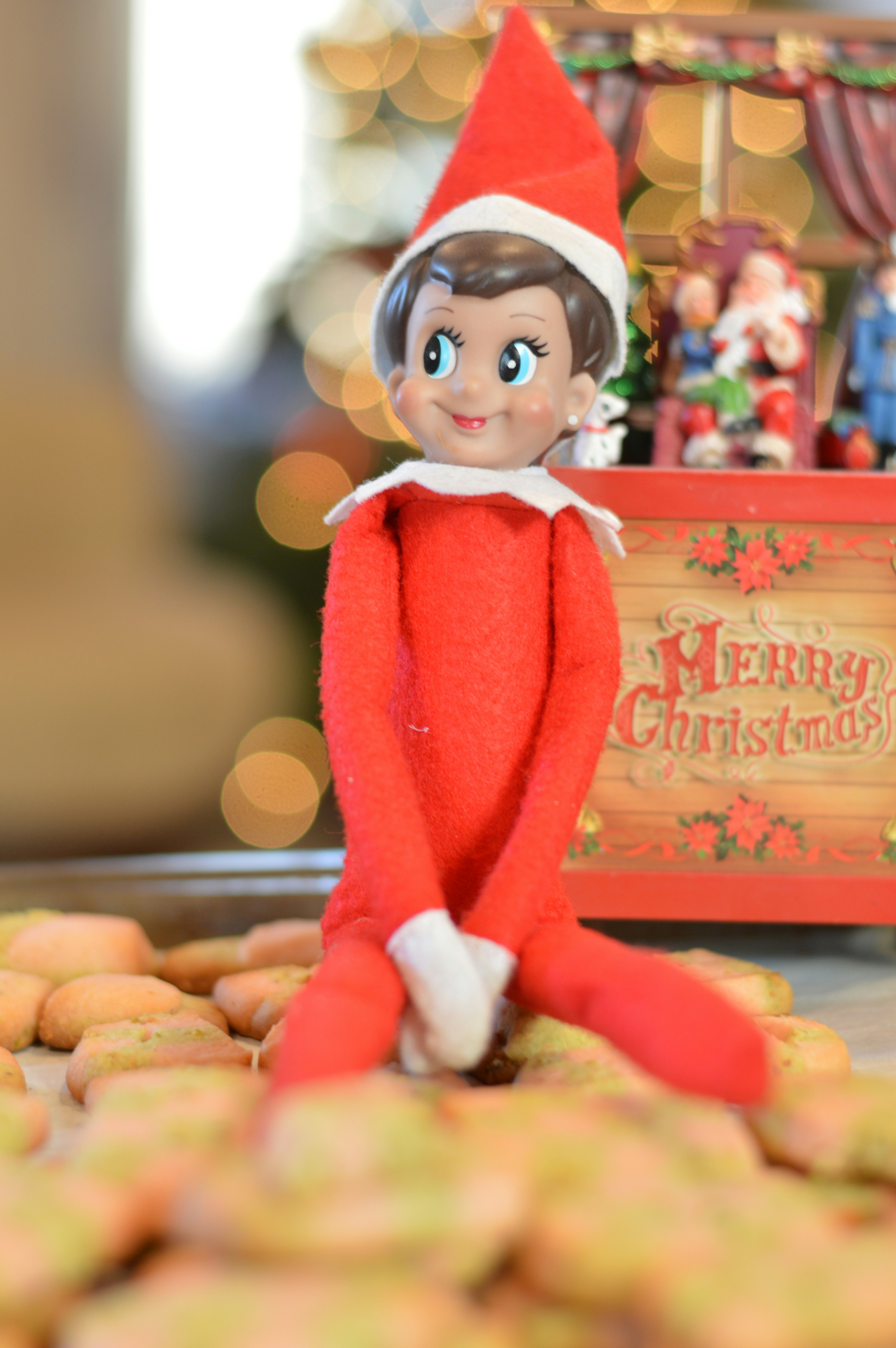 a elf sitting on top of a pile of cookies