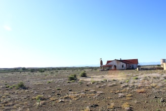 A solitary, rustic house with a red roof sits in a vast, arid landscape under a clear blue sky. The surrounding area is mostly barren with sparse vegetation and rough terrain. A palm tree is located near the house. Mountains are visible in the distant horizon.