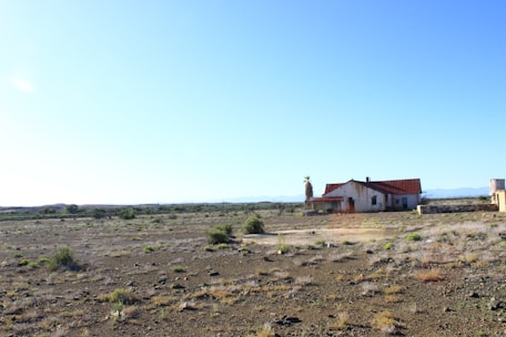 A solitary, rustic house with a red roof sits in a vast, arid landscape under a clear blue sky. The surrounding area is mostly barren with sparse vegetation and rough terrain. A palm tree is located near the house. Mountains are visible in the distant horizon.