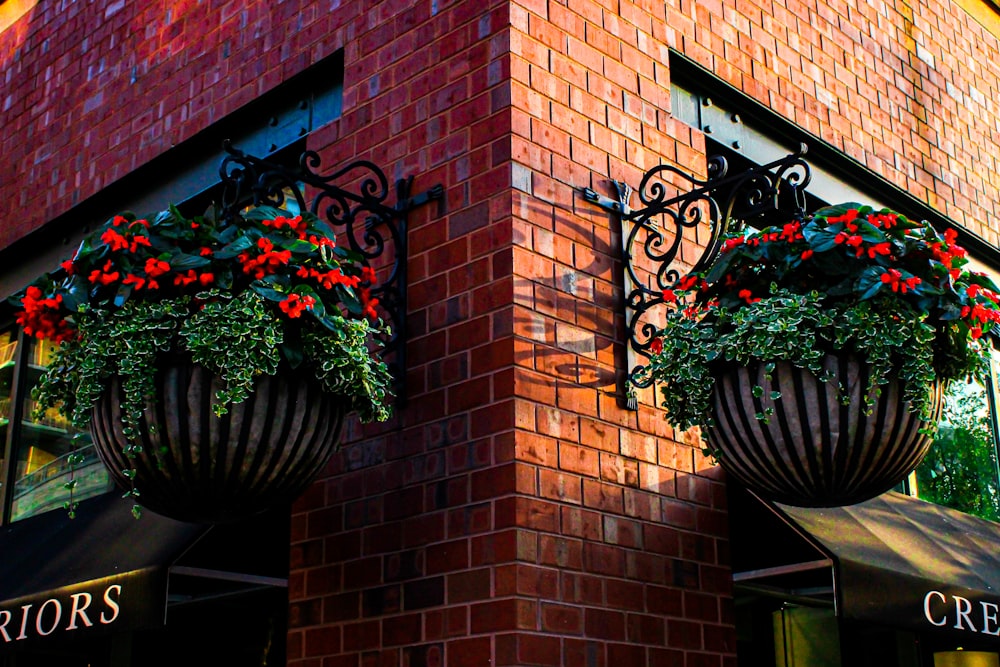 a red brick building with two hanging flower baskets