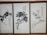 Three framed artworks feature traditional Chinese ink paintings depicting trees or plants with calligraphy accompanying each piece. The brushwork is expressive, with varying shades of black and gray creating depth and texture on the pale background.