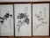 Three framed artworks feature traditional Chinese ink paintings depicting trees or plants with calligraphy accompanying each piece. The brushwork is expressive, with varying shades of black and gray creating depth and texture on the pale background.