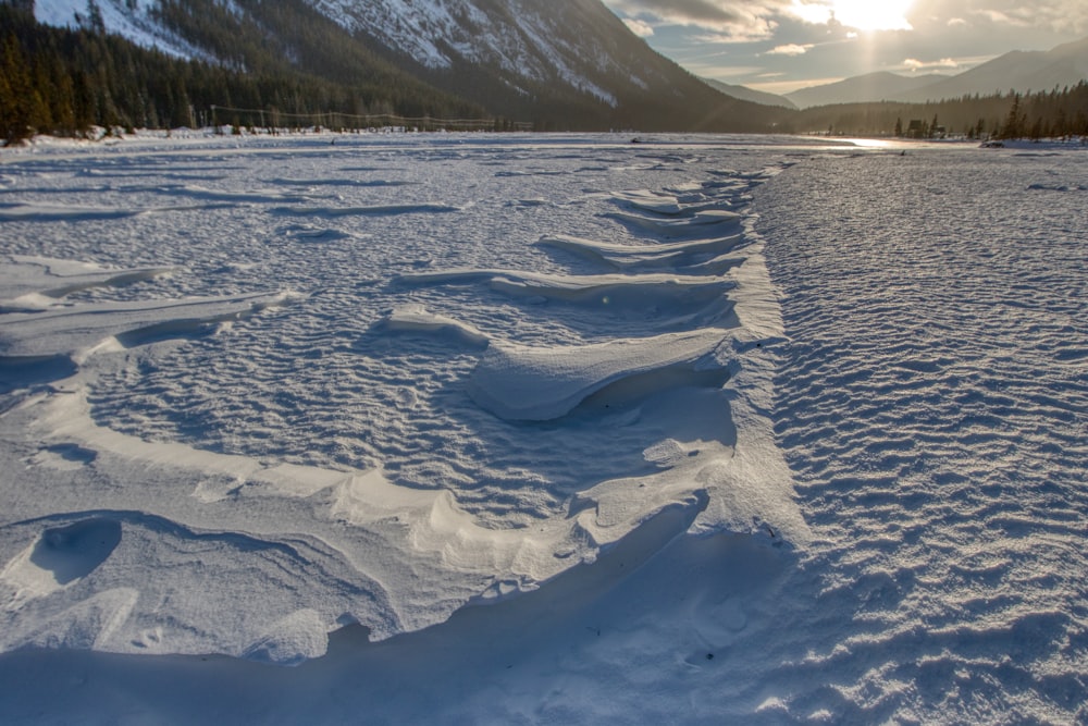 a snow covered field with trees and mountains in the background