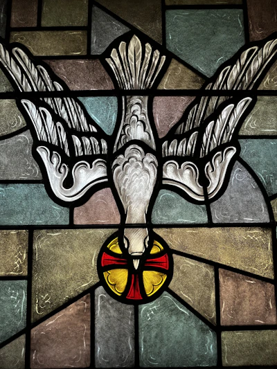 Majestic stained glass window depicting a radiant dove symbolizing the Holy Spirit.