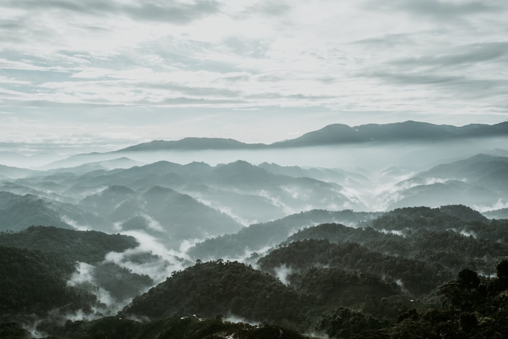 a view of a mountain range covered in fog