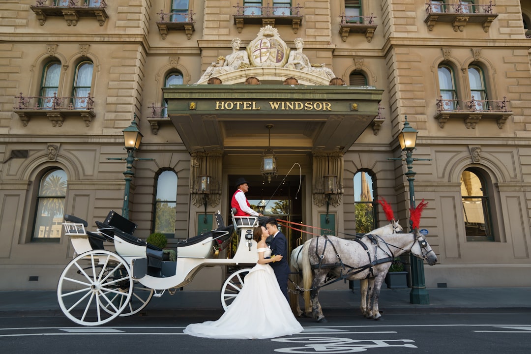 a bride and groom standing in front of a horse drawn carriage,