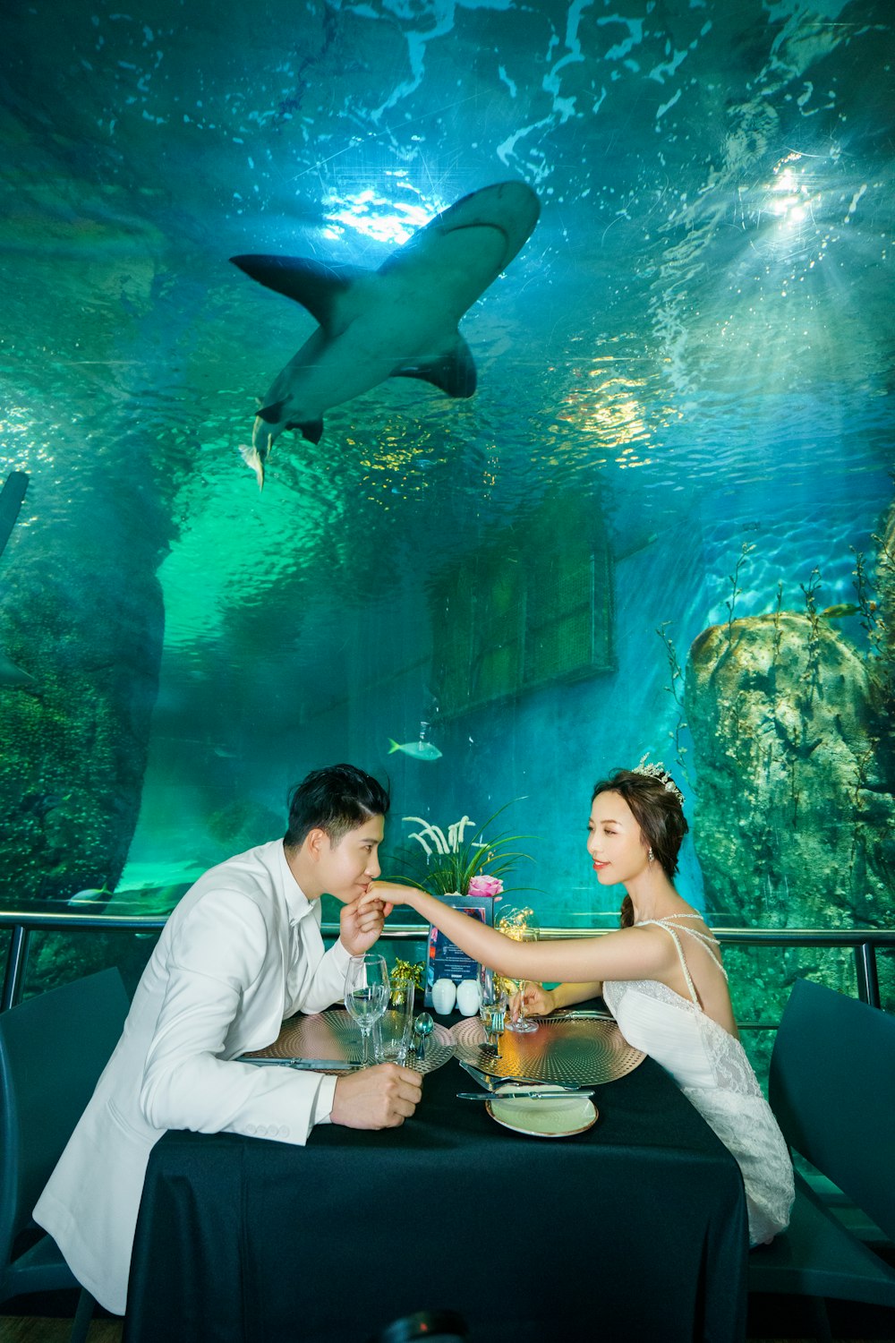 a man and a woman sitting at a table in front of a shark tank