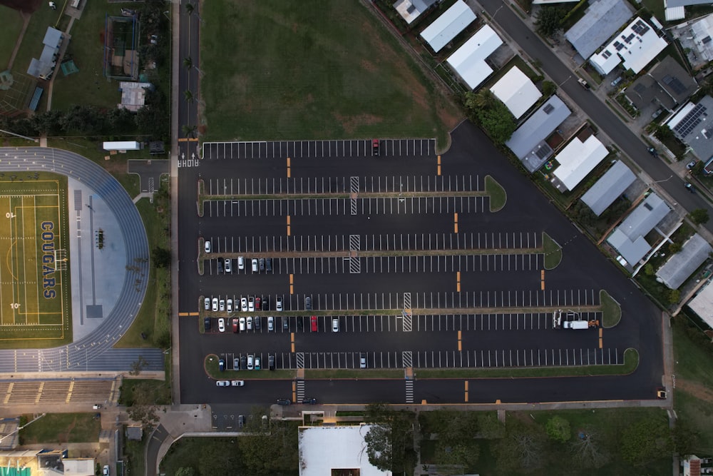 an aerial view of an empty parking lot