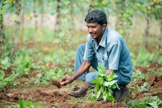 a man kneeling down in the middle of a forest
