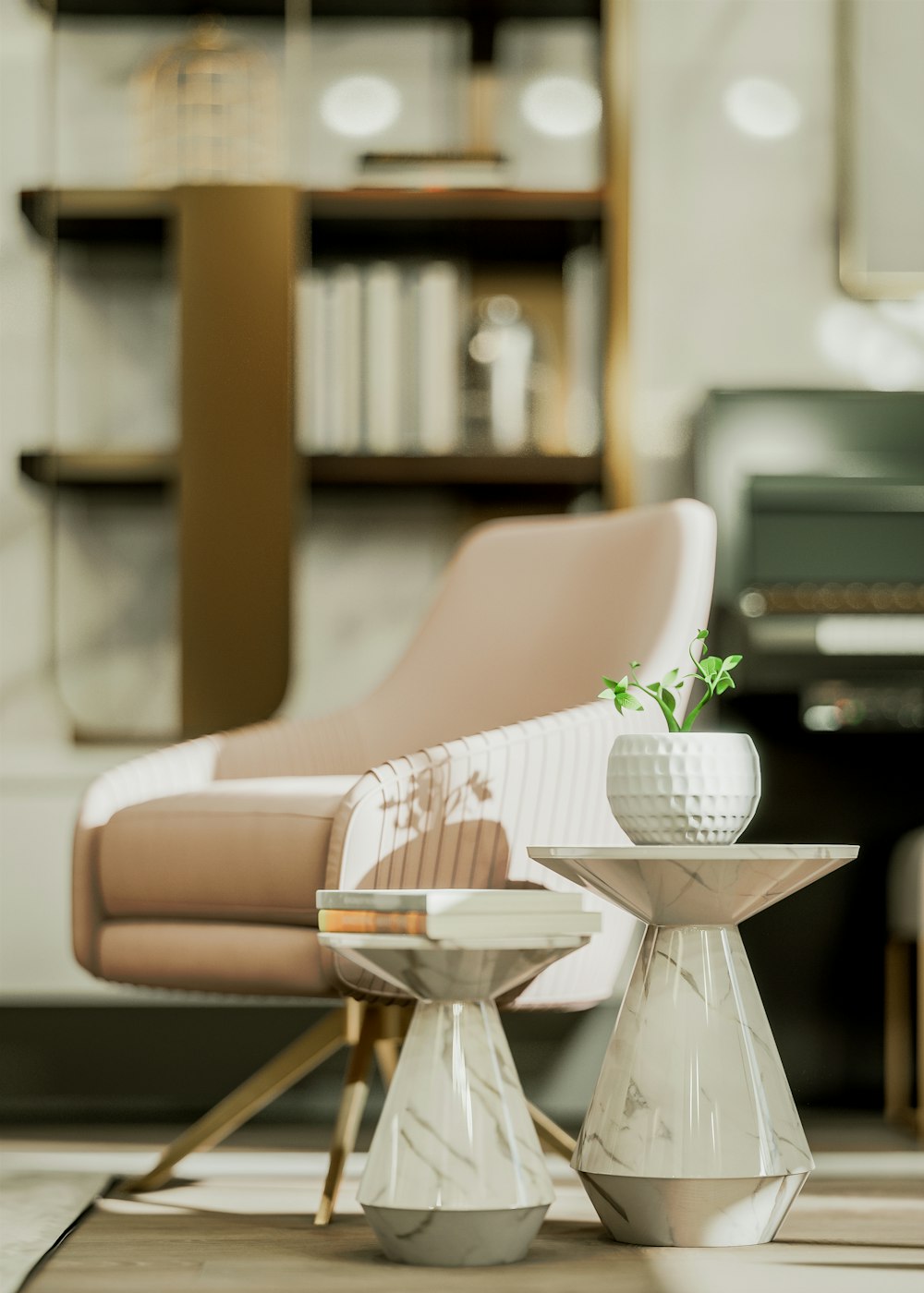 a living room filled with furniture and a piano