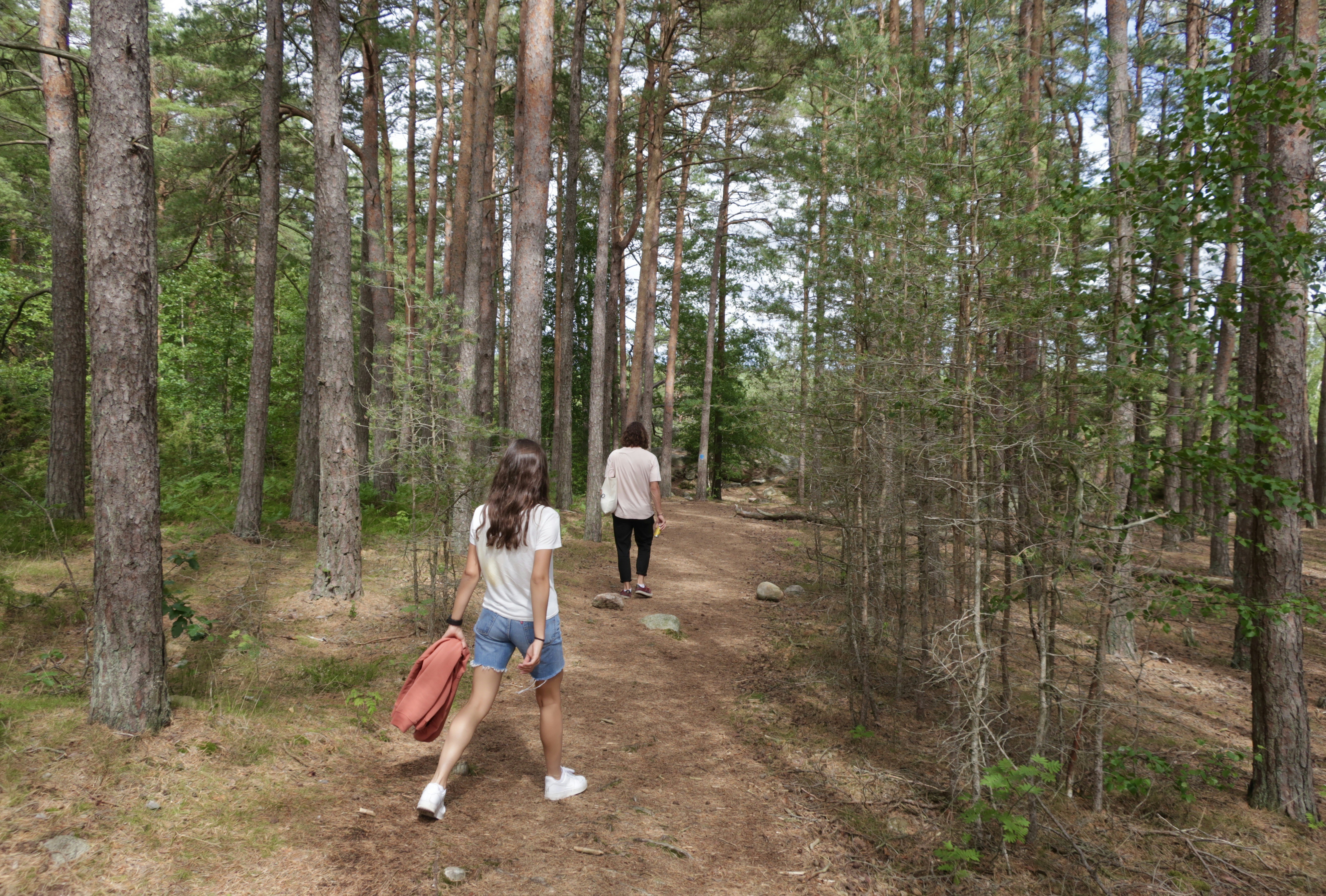 a man throwing a frisbee in a forest