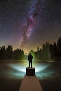A person stands on a platform at the edge of a frozen lake, gazing up at the vibrant and expansive starry night sky. The Milky Way is prominently visible, stretching across the sky with rich details in purple, pink, and blue hues. Surrounding the scene are tall, dark trees, creating a silhouette against the softly lit horizon. A light source appears near the base of the platform, casting a glow on the icy surface.
