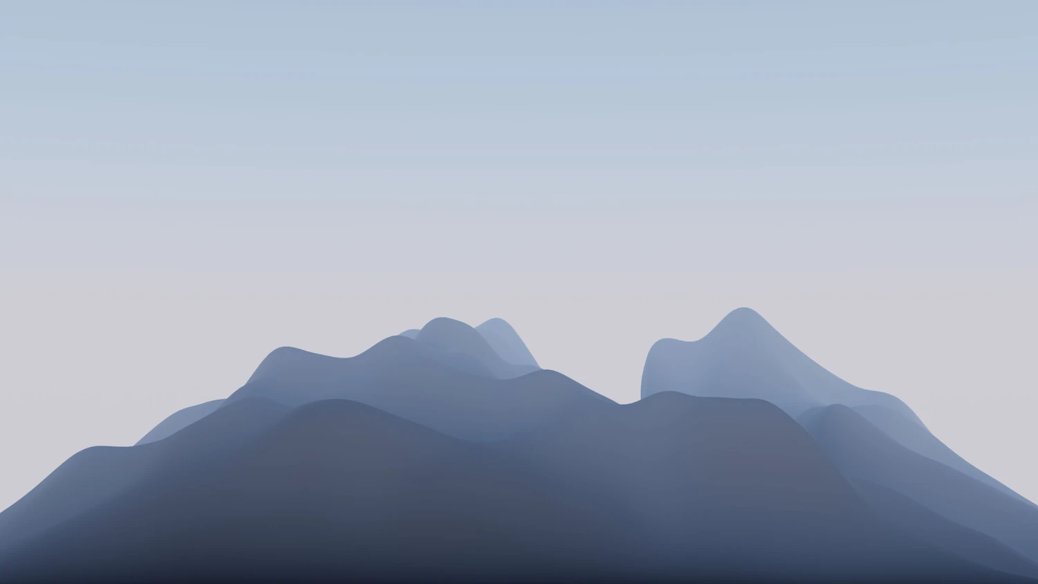 Screen print of layered blue mountain ridges under a pale morning sky, shown in a frame