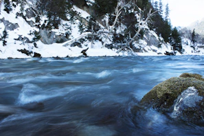 a river running through a snow covered forest