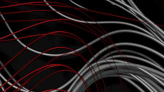 An abstract composition of thin lines and discreet buttons highlighted by deep red points of interest.