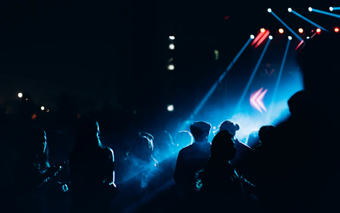 Stage lighting and crowd at a live event in India