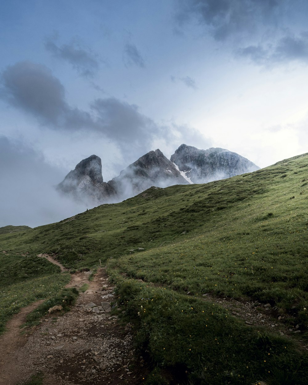 a trail going up a grassy hill with mountains in the background